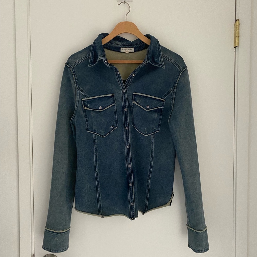 Denim stretch top (shirt, jacket)embossed dark metallic faux leather back. LARGE